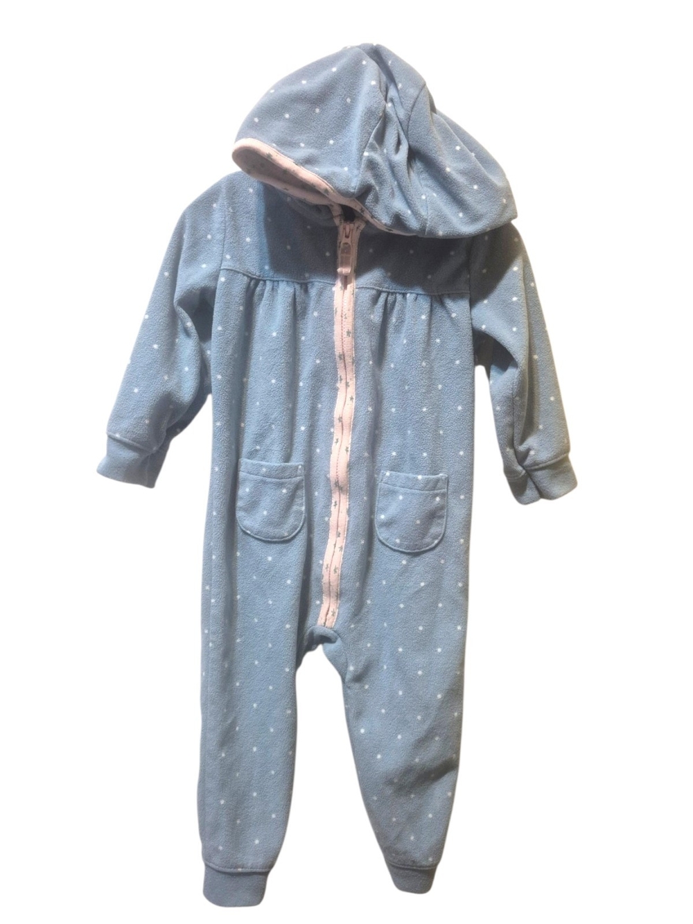 Carter's Light Blue Polka Dot Hooded One-Piece with Pink Zipper
